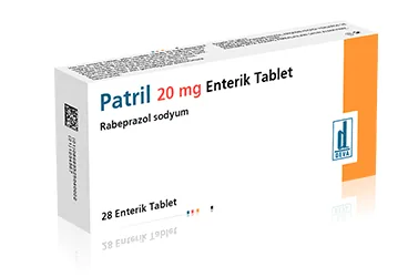 Rabeprazol içeren tablet: PATRIL 20 MG 14 ENTERIK TABLET ambalajı. Üretici: DEVA HOLDİNG ANONİM ŞİRKETİ.