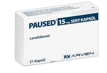 Lenalidomid içeren kapsül: PAUSED 15 MG 21 SERT KAPSUL ürün ambalajı. Üretici: ARVEN İLAÇ SANAYİ VE TİCARET A.Ş.