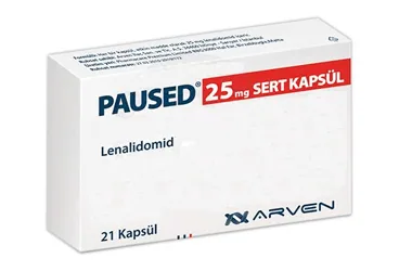 PAUSED 25 MG 21 SERT KAPSUL ambalajı. Lenalidomid içeren kapsül. Üretici: ARVEN İLAÇ SANAYİ VE TİCARET A.Ş.