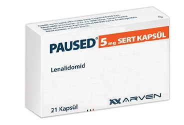 PAUSED 5 MG 21 SERT KAPSUL ürün ambalajı. Lenalidomid içeren kapsül. Üretici: ARVEN İLAÇ SANAYİ VE TİCARET A.Ş.