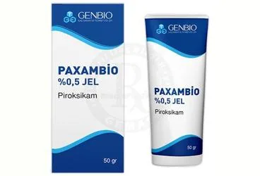 PAXAMBIO %0,5 JEL (50 G) ürün ambalajı. Piroksikam -topikal içeren jel. Üretici: GENBİO İLAÇ SANAYİ VE TİCARET LİMİTED ŞİRKETİ.
