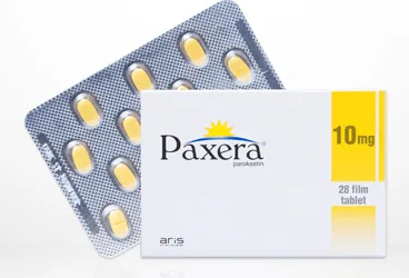 PAXERA 10 MG 28 FILM TABLET kutusu. Paroksetin içeren film kaplı tablet. Üretici: ALİ RAİF İLAÇ SANAYİ A.Ş.
