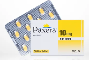 PAXERA 10 MG 56 FILM TABLET kutusu, film kaplı tablet formunda paroksetin içerir. Üretici: ALİ RAİF İLAÇ SANAYİ A.Ş.