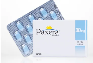 Paroksetin içeren film kaplı tablet: PAXERA 30 MG 28 FILM TABLET kutusu. Üretici: ALİ RAİF İLAÇ SANAYİ A.Ş.