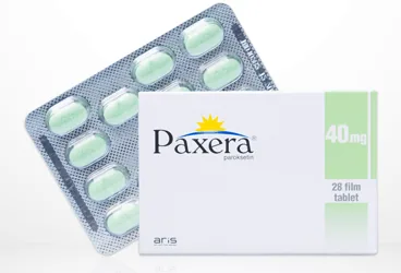 PAXERA 40 MG 28 FILM TABLET (paroksetin) ürün ambalajı, film kaplı tablet. Üretici: ALİ RAİF İLAÇ SANAYİ A.Ş.