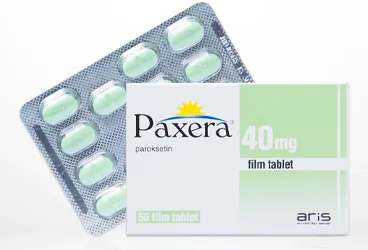 Paroksetin içeren film kaplı tablet: PAXERA 40 MG 56 FILM TABLET ürün ambalajı. Üretici: ALİ RAİF İLAÇ SANAYİ A.Ş.