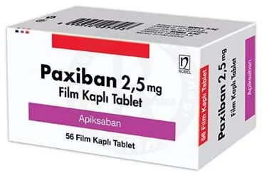 PAXIBAN 2,5 MG FILM KAPLI TABLET (56 TABLET) ambalajı. Apiksaban içeren film kaplı tablet. Üretici: NOBEL İLAÇ SAN. VE TİC. A.Ş.