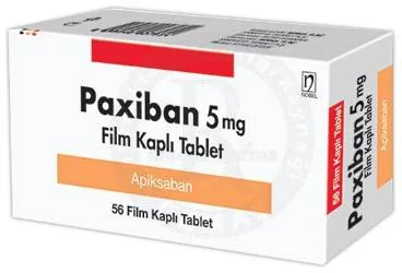 PAXIBAN 5 MG FILM KAPLI TABLET (56 TABLET) ambalajı, film kaplı tablet formunda apiksaban içerir. Üretici: NOBEL İLAÇ SAN. VE TİC. A.Ş.