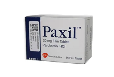Paroksetin içeren tablet: PAXIL 20 MG 56 TABLET ürün ambalajı. Üretici: GLAXOSMİTHKLİNE İLAÇLARI SAN. VE TİC. A.Ş.