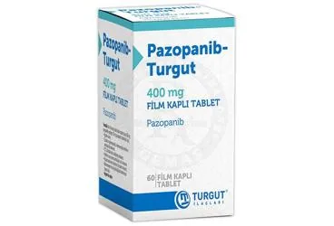 Pazopanib içeren film kaplı tablet: PAZOPANIB-TURGUT 400 MG FILM KAPLI TABLET (60 TABLET) ambalajı. Üretici: TURGUT İLAÇLARI A.Ş.