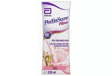 Beslenme solusyonu içeren PEDIASURE FIBER CILEK AROMALI 220 ML ürün ambalajı. Üretici: ABBOTT LABORATUARLARI İTHALAT İHRACAT VE TİCARET LİMİTED ŞİRKETİ.