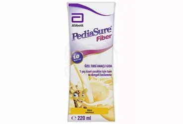 PEDIASURE FIBER MUZ AROMALI 220 ML ambalajı. Etkin maddesi beslenme solusyonu. Üretici: ABBOTT LABORATUARLARI İTHALAT İHRACAT VE TİCARET LİMİTED ŞİRKETİ.