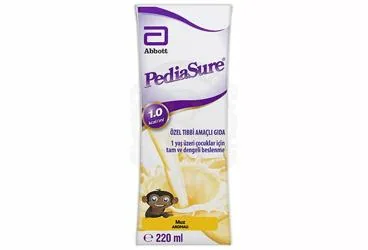 PEDIASURE MUZ AROMALI 220 ML kutusu. Etkin maddesi beslenme solusyonu. Üretici: ABBOTT LABORATUARLARI İTHALAT İHRACAT VE TİCARET LİMİTED ŞİRKETİ.