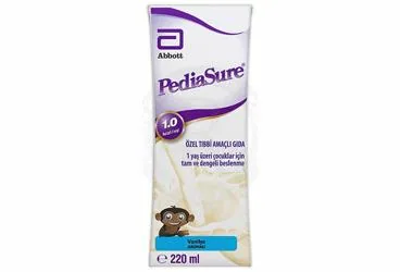 Protein+karbonhidrat+yag+vit+mineral içeren PEDIASURE VANILYA AROMALI 220 ML ürün ambalajı. Üretici: ABBOTT LABORATUARLARI İTHALAT İHRACAT VE TİCARET LİMİTED ŞİRKETİ.