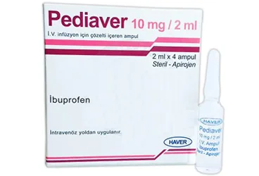 PEDIAVER 10 MG/2 ML AMPUL (4 AMPUL) ambalajı, ampul formunda ibuprofen içerir. Üretici: HAVER FARMA İLAÇ ANONİM ŞİRKETİ.