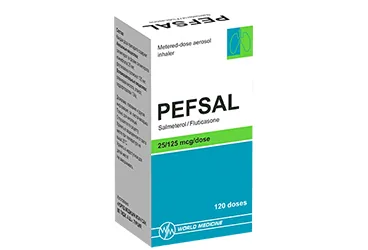 Salmeterol + flutikazon içeren inhalasyon aerosolü: PEFSAL 25 MCG/ 125 MCG AEROSOL INHALER 120 DOZ kutu fotoğrafı. Üretici: WORLD MEDICINE İLAÇ SAN. VE TİC. A.Ş.