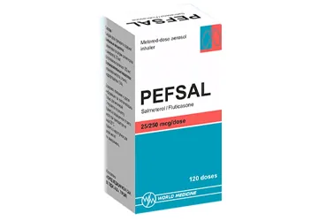 PEFSAL 25 MCG/ 250 MCG AEROSOL INHALER 120 DOZ kutusu, inhalasyon aerosolü formunda salmeterol + flutikazon içerir. Üretici: WORLD MEDICINE İLAÇ SAN. VE TİC. A.Ş.