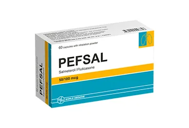 PEFSAL 50 MCG/ 100 MCG INHALER 60 KAPSUL (salmeterol + flutikazon) ambalajı, kapsül. Üretici: WORLD MEDICINE İLAÇ SAN. VE TİC. A.Ş.