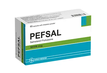 PEFSAL 50 MCG/250 MCG INHALER KAPSUL(60 KAPSUL) kutusu. Salmeterol + flutikazon içeren kapsül. Üretici: WORLD MEDICINE İLAÇ SAN. VE TİC. A.Ş.