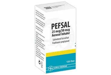 PEFSAL X 25MCG/50MCG AERESOL INHALER (1 INHALER 120 DOZ) (salmeterol + flutikazon) ürün ambalajı, inhaler. Üretici: WORLD MEDICINE İLAÇ SAN. VE TİC. A.Ş.
