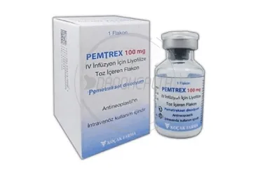 Pemetrekset disodyum içeren flakon: PEMTREX 100 MG IV INF. ICIN LIYOFILIZE TOZ ICEREN FLAKON ürün ambalajı. Üretici: KOÇAK FARMA İLAÇ VE KİMYA SANAYİ A.Ş.
