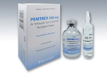 PEMTREX 500 MG IV INF. ICIN LIYOFILIZE TOZ ICEREN FLAKON (pemetrekset disodyum) ürün ambalajı, flakon. Üretici: KOÇAK FARMA İLAÇ VE KİMYA SANAYİ A.Ş.