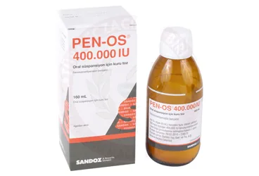 PEN-OS 400.000 IU ORAL SUSPANSIYON ICIN TOZ (160 ML) ürün ambalajı. Penisilin v benzatin içeren oral süspansiyon. Üretici: SANDOZ İLAÇ SANAYİ VE TİCARET A.Ş.