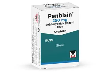 PENBISIN 250 MG ENJEKSIYONLUK COZELTI TOZU (1 FLAKON) ambalajı. Ampisilin içeren çözelti. Üretici: MENARİNİ SAĞLIK VE İLAÇ SANAYİ TİCARET ANONİM ŞİRKETİ.
