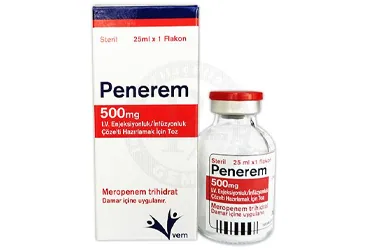 PENEREM 500 MG I.V. ENJEKSİYONLUK/ İNFÜZYONLUK ÇÖZELTİ HAZIRLAMAKİÇİN TOZ ürün ambalajı. Meropenem içeren çözelti. Üretici: VEM İLAÇ SAN. VE TİC. ANONİM ŞİRKETİ.