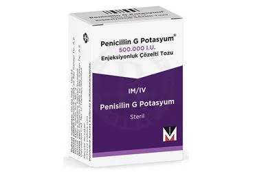 Penisilin g potasyum kristalize içeren çözelti: PENICILLIN G POTASYUM 500.000 IU ENJEKSIYONLUK COZELTI TOZU (1 FLAKON) ürün ambalajı. Üretici: MENARİNİ SAĞLIK VE İLAÇ SANAYİ TİCARET ANONİM ŞİRKETİ.