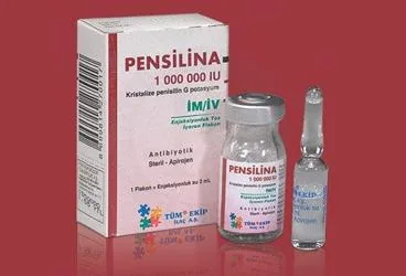 Penisilin g potasyum kristalize içeren flakon: PENSILINA 1E+06 IU 1 FLAKON ambalajı. Üretici: TÜM - EKİP İLAÇ A.Ş.