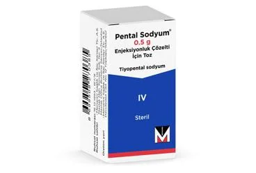 PENTAL SODYUM 0,5 G ENJEKSIYONLUK COZELTI ICIN TOZ (1 FLAKON) kutusu, çözelti formunda tiyopental sodyum içerir. Üretici: MENARİNİ SAĞLIK VE İLAÇ SANAYİ TİCARET ANONİM ŞİRKETİ.