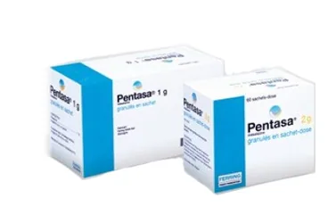 PENTASA UZATILMIS SALIMLI GRANUL 1 G 50 SASE kutusu. Mesalazin içeren saşe. Üretici: FERRİNG İLAÇ SANAYİ VE TİCARET LTD. ŞTİ.