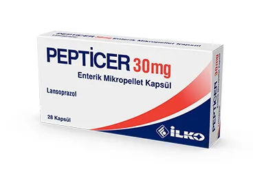 Lansoprazol içeren kapsül: PEPTICER 30 MG 14 ENTERIK MIKROPELLET KAPSUL ürün ambalajı. Üretici: İLKO İLAÇ SAN. VE TİC. A.Ş.