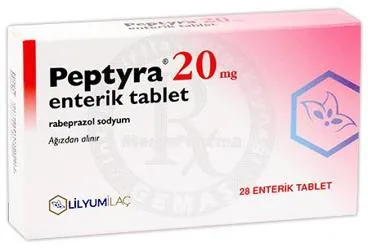 PEPTYRA 20 MG ENTERIK TABLET (28 TABLET) ürün ambalajı. Rabeprazol içeren tablet. Üretici: LİLYUM İLAÇ VE KİMYA SANAYİ TİCARET ANONİM ŞİRKETİ.