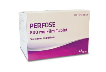 PERFOSE 800 MG 180 FILM TABLET ürün ambalajı, film kaplı tablet formunda sevelamer hidroklorür içerir. Üretici: VEM İLAÇ SAN. VE TİC. ANONİM ŞİRKETİ.