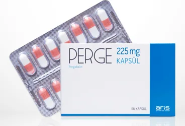 PERGE 225 MG (56 KAPSUL) (pregabalin) ürün ambalajı, kapsül. Üretici: ALİ RAİF İLAÇ SANAYİ A.Ş.