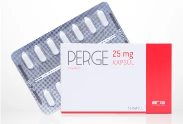 Pregabalin içeren kapsül: PERGE 25 MG 56 KAPSUL ürün ambalajı. Üretici: ALİ RAİF İLAÇ SANAYİ A.Ş.