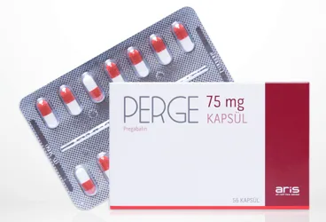 PERGE 75 MG 56 KAPSUL kutusu. Pregabalin içeren kapsül. Üretici: ALİ RAİF İLAÇ SANAYİ A.Ş.
