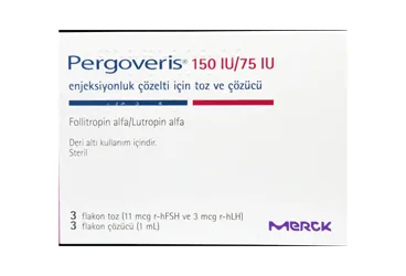 Follitropin alfa + lutropin alfa içeren çözelti: PERGOVERIS 150 IU/75 IU ENJEKSIYONLUK COZELTI İCİN TOZ VE COZUCU (3 FLAKON) kutusu. Üretici: MERCK İLAÇ ECZA VE KİMYA TİC. A.Ş.