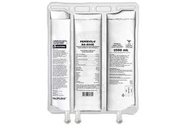 Amino asit + glukoz + lipid solusyonu içeren çözelti: PERIEVILO N4-600E INFUZYONLUK ELEKTROLITLI AMINO ASIT COZELTISI, GLUKOZ COZELTISI VE LIPID EMULSIYONU (2500ML) ambalajı. Üretici: POLİFARMA İLAÇ SAN. VE TİC. A.Ş.