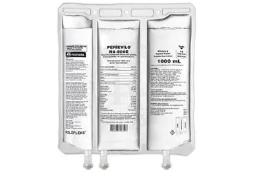 PERIEVILO N4-600E INFUZYONLUK ELEKTROLITLI AMINO ASIT COZELTISI, GLUKOZ COZELTISI VE LIPID EMULSIYONU (1000ML) ürün ambalajı. Amino asit + glukoz + lipid solusyonu içeren çözelti. Üretici: POLİFARMA İLAÇ SAN. VE TİC. A.Ş.