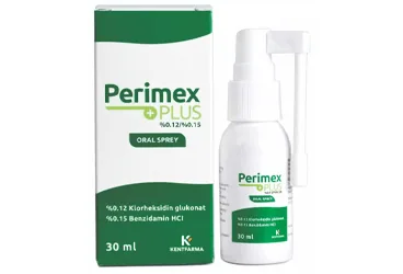 Benzidamin kombinasyonları -oral içeren sprey: PERIMEX PLUS 30 ML ORAL SPREY ambalajı. Üretici: KENTFARMA İLAÇ ANONİM ŞİRKETİ.