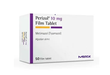PERIZOL 10 MG FILM KAPLI TABLET (50 TABLET) (metimazole) kutusu, film kaplı tablet. Üretici: MERCK İLAÇ ECZA VE KİMYA TİC. A.Ş.