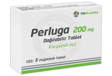 PERLUGA 200 MG DAGILABILIR TABLET (5 TABLET) ürün ambalajı. Karglumik asit içeren tablet. Üretici: INPHARMUS İLAÇ SANAYİ TİCARET ANONİM ŞİRKETİ.