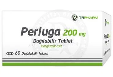 PERLUGA 200 MG DAGILABILIR TABLET (60 TABLET) ürün ambalajı. Karglumik asit içeren tablet. Üretici: INPHARMUS İLAÇ SANAYİ TİCARET ANONİM ŞİRKETİ.