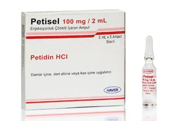 PETISEL 100 MG/2 ML ENJEKSIYONLUK COZELTI ICEREN AMPUL (2 ML*5 AMPUL) kutu fotoğrafı. Petidin hcl içeren çözelti. Üretici: HAVER FARMA İLAÇ ANONİM ŞİRKETİ.