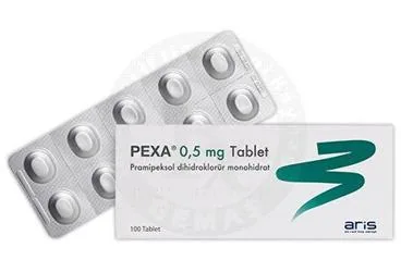 Pramipeksol içeren tablet: PEXA 0,5 MG TABLET (100 TABLET) kutu fotoğrafı. Üretici: ALİ RAİF İLAÇ SANAYİ A.Ş.
