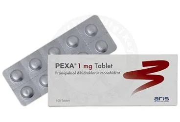 PEXA 1 MG TABLET (100 TABLET) ürün ambalajı, tablet formunda pramipeksol içerir. Üretici: ALİ RAİF İLAÇ SANAYİ A.Ş.