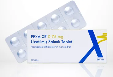 PEXA XR 0.75 MG UZATILMIS SALIMLI 30 TABLET kutusu. Pramipeksol içeren tablet. Üretici: ALİ RAİF İLAÇ SANAYİ A.Ş.
